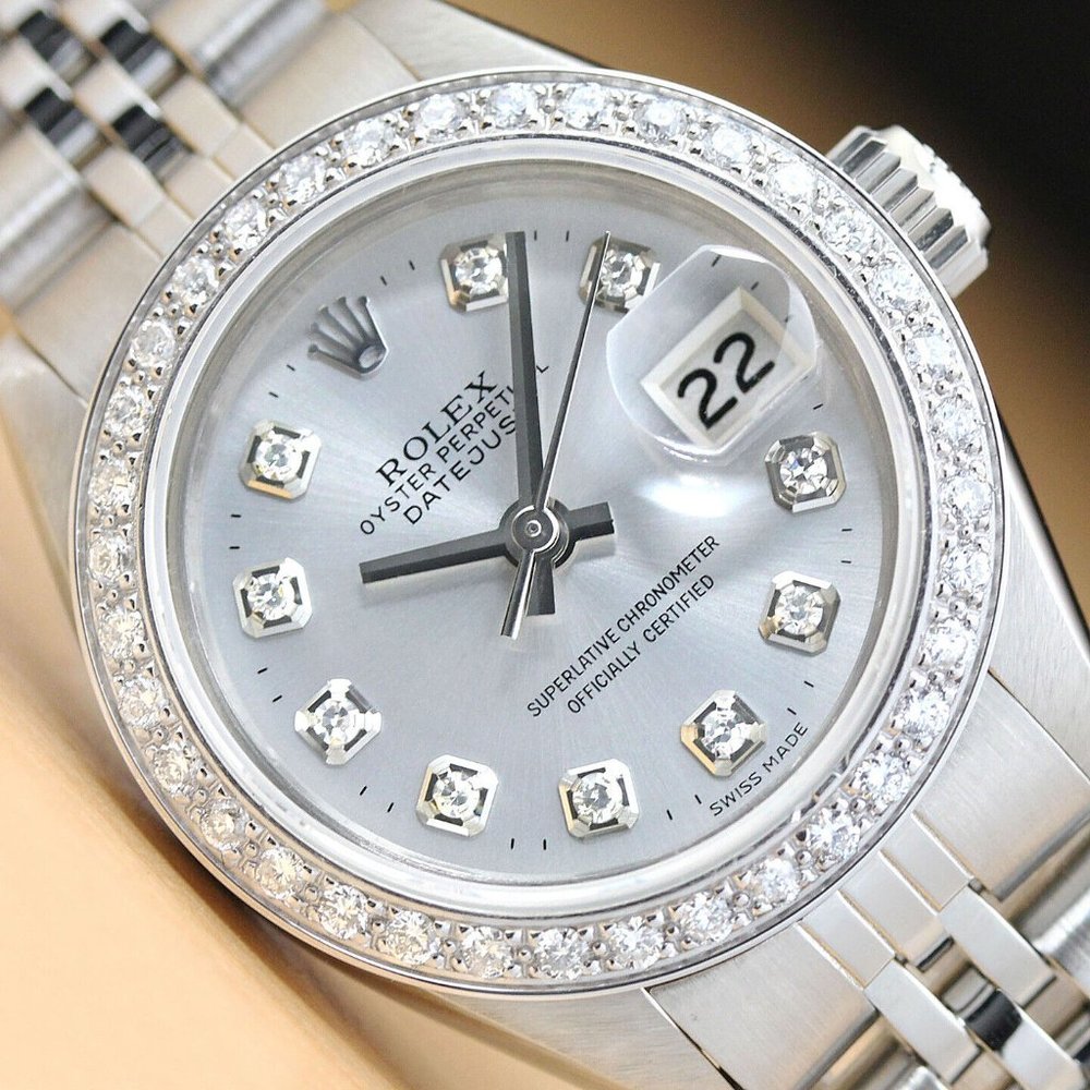Rolex Ladies Genuine Diamond 18k Silver Tone Watch!